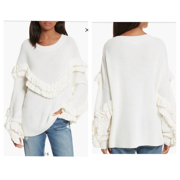 Frame Denim Sweaters - Frame Ruffle Yoke Ribbed Wool Blend Off White Oversized Knit Sweater